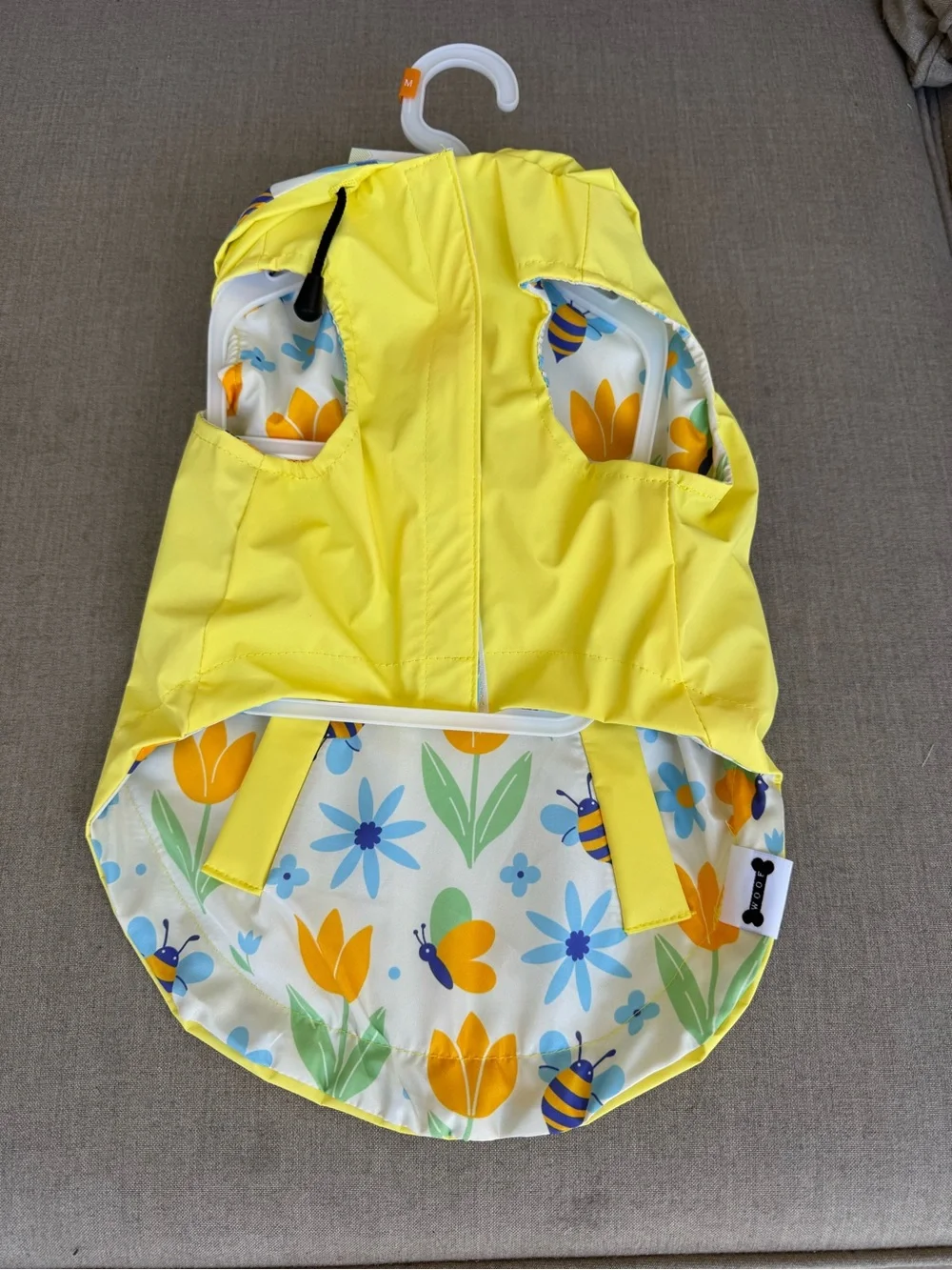 Wood, Reversible, Yellow, Pet Raincoat with Floral Trim, Size Medium